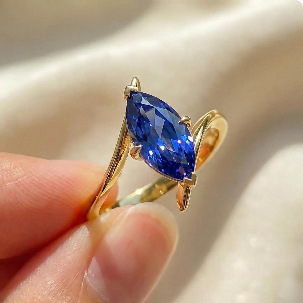 1.5ct Blue Sapphire Ring, Marquise Cut Emerald Solitaire, Curved Bypass Band, September Birthstone, 14K Gold Nature Inspired Ring