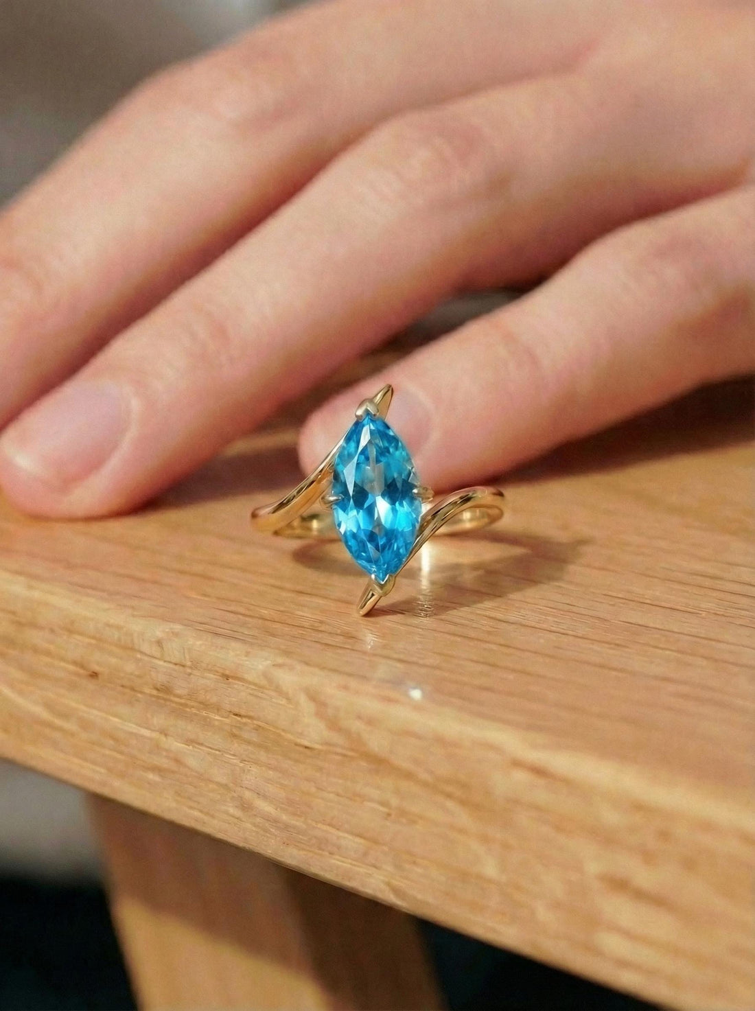 1.5ct Marquise Blue Zircon Ring, December Birthstone Engagement Ring, 14K Gold Curved Bypass Nature Inspired Ring