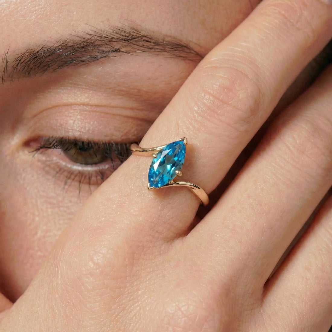 1.5ct Marquise Blue Zircon Ring, December Birthstone Engagement Ring, 14K Gold Curved Bypass Nature Inspired Ring