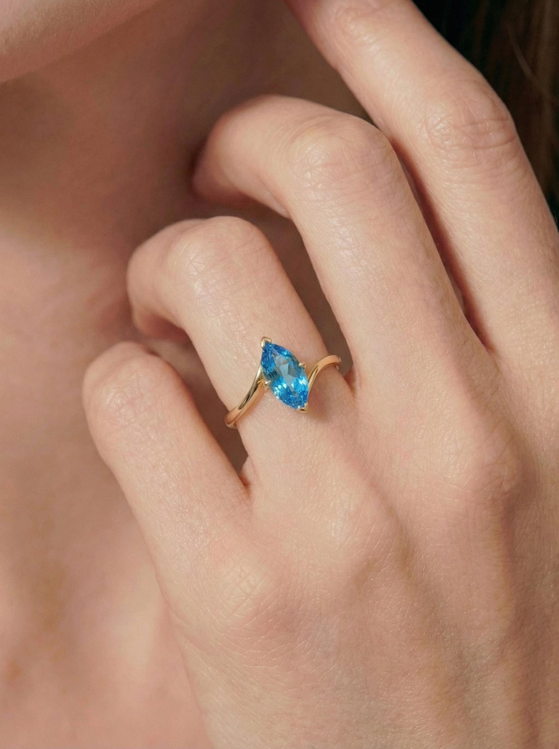 1.5ct Marquise Blue Zircon Ring, December Birthstone Engagement Ring, 14K Gold Curved Bypass Nature Inspired Ring