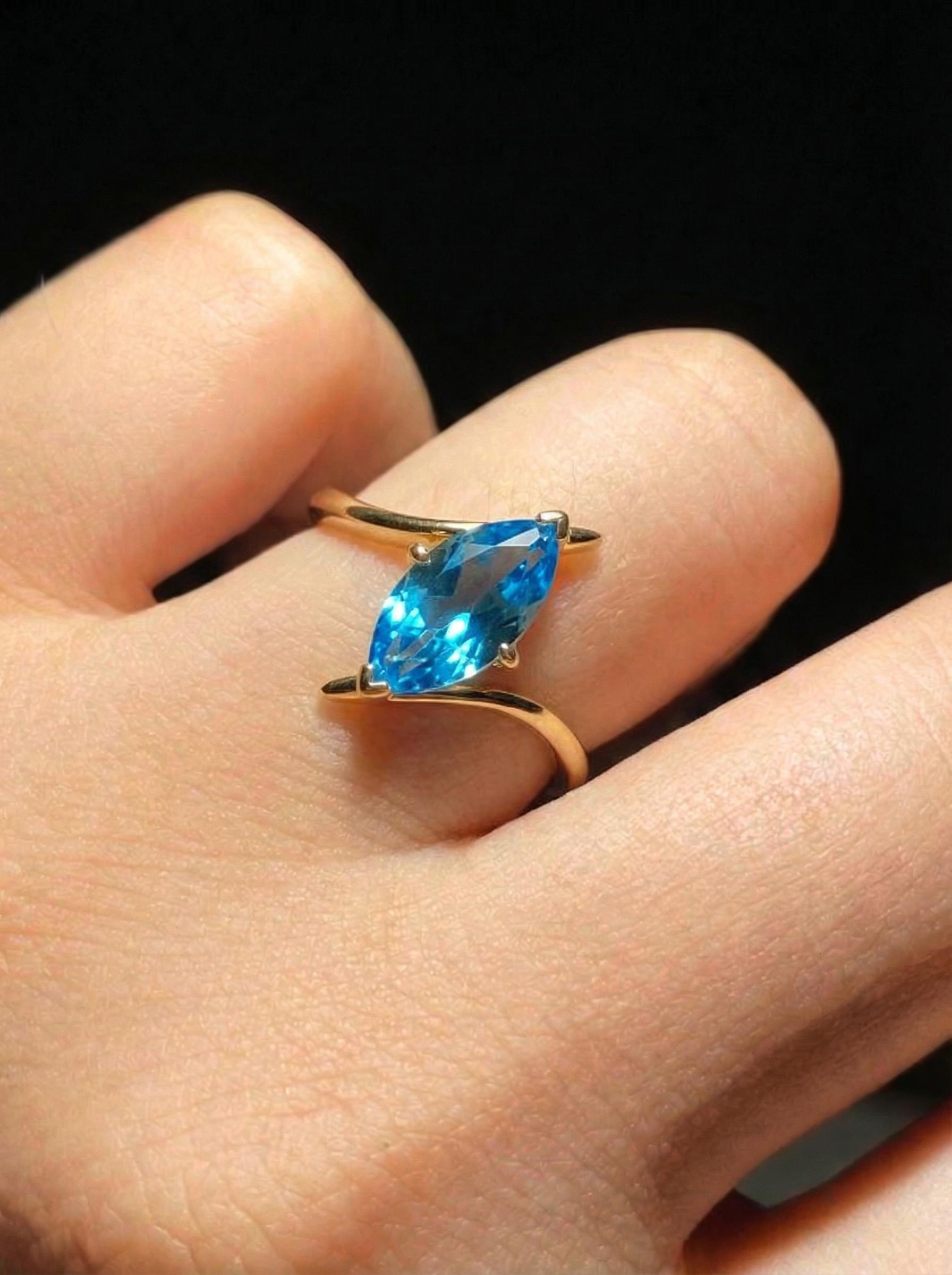 1.5ct Marquise Blue Zircon Ring, December Birthstone Engagement Ring, 14K Gold Curved Bypass Nature Inspired Ring