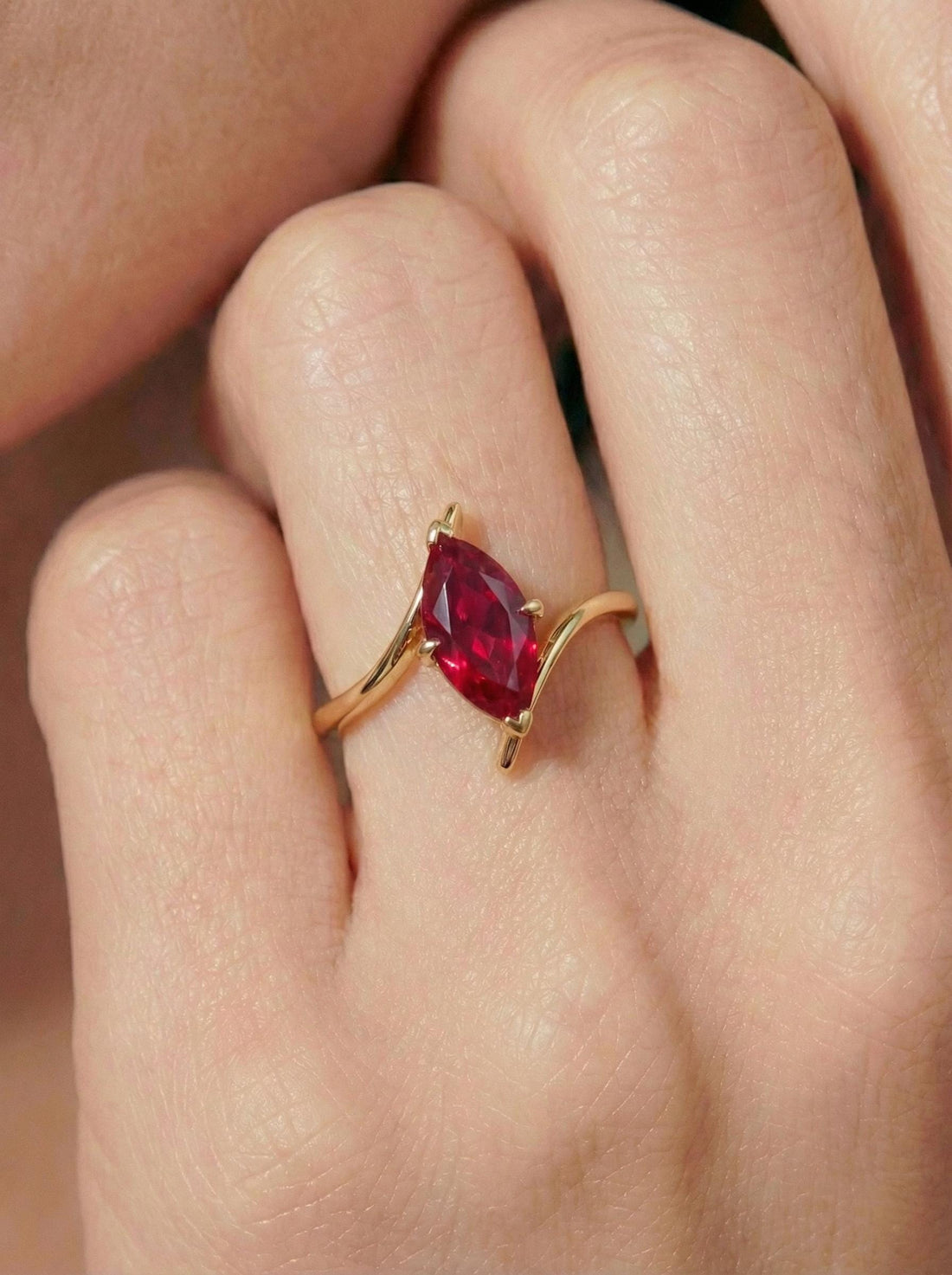 1.5ct Ruby Ring, Marquise Cut Emerald Solitaire, Curved Bypass Band, July Birthstone, 14K Gold Nature Inspired Ring