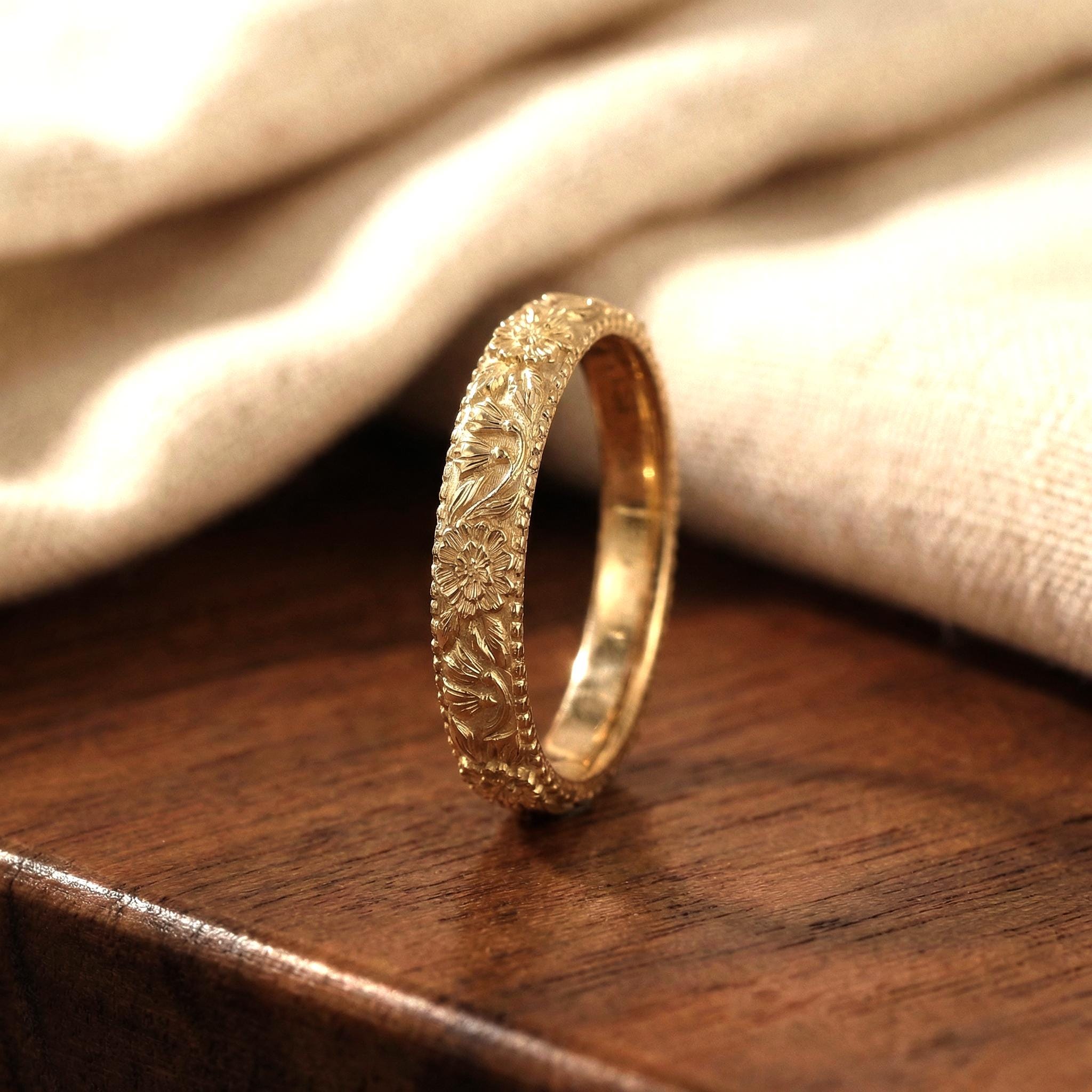 Carnation & Snowdrop Floral Wedding Band, Unique Flower 10K/14K/18K Plain Gold Antique Ring, January Birth Flower Band