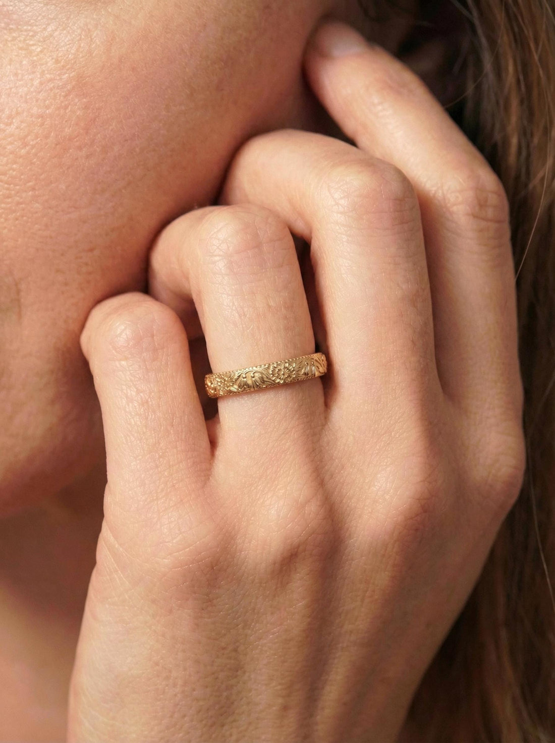 Carnation & Snowdrop Floral Wedding Band, Unique Flower 10K/14K/18K Plain Gold Antique Ring, January Birth Flower Band