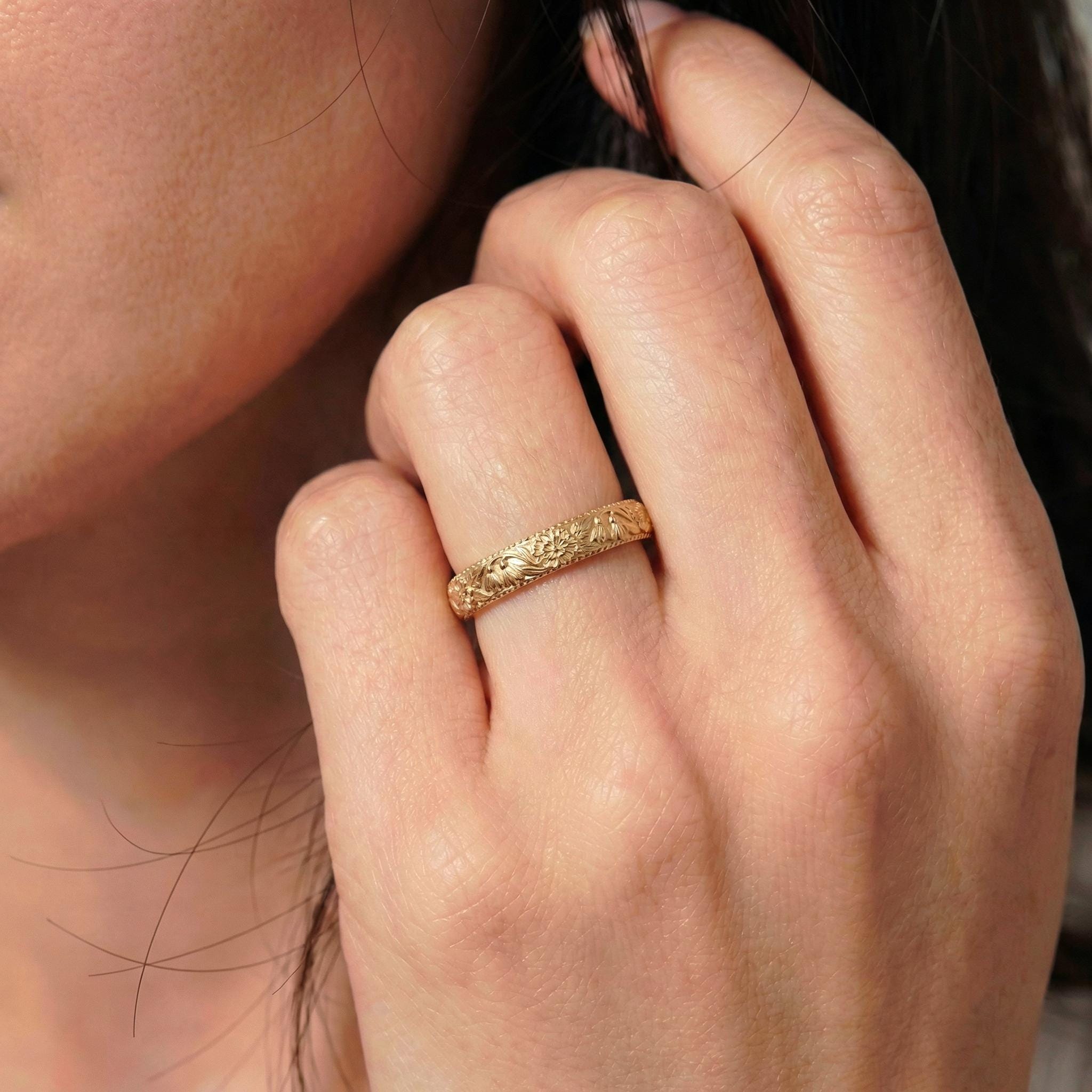 Carnation & Snowdrop Floral Wedding Band, Unique Flower 10K/14K/18K Plain Gold Antique Ring, January Birth Flower Band