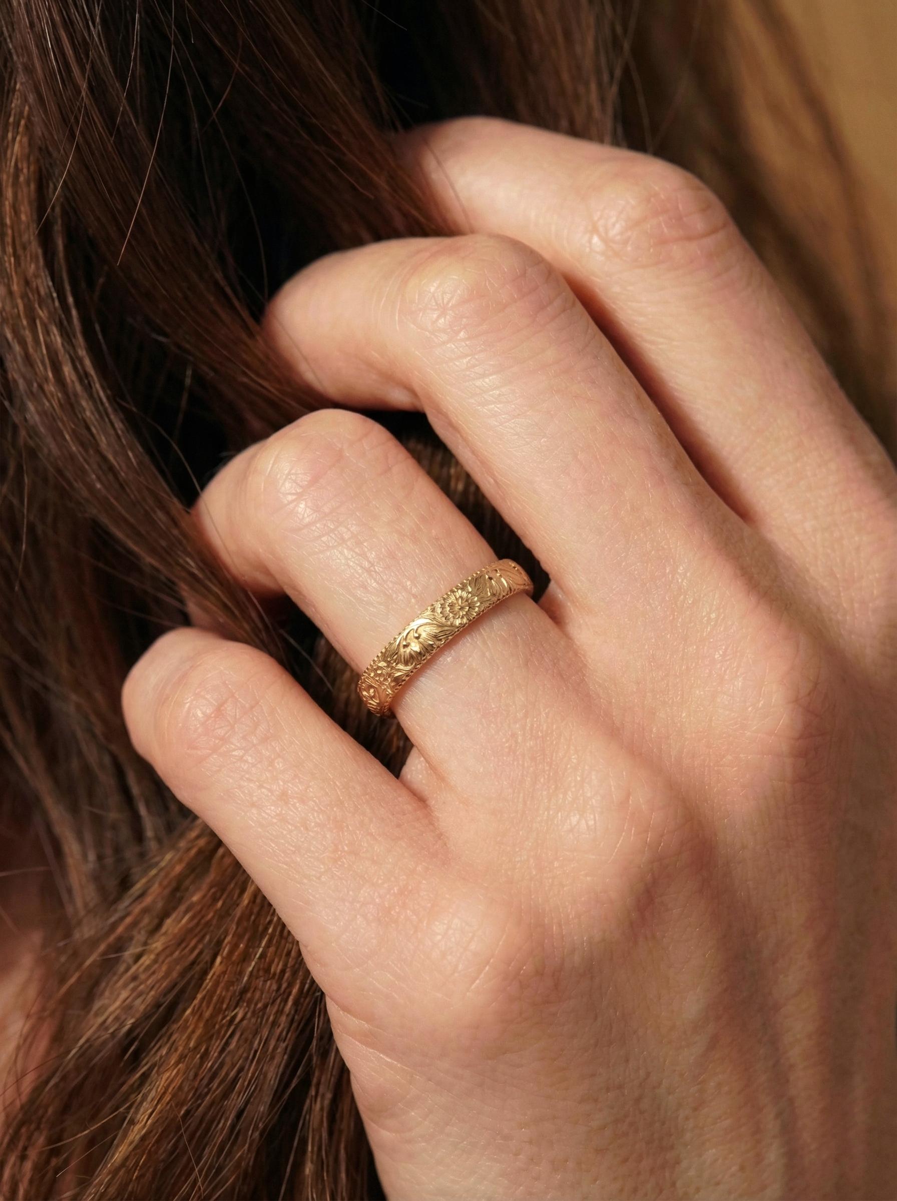Carnation & Snowdrop Floral Wedding Band, Unique Flower 10K/14K/18K Plain Gold Antique Ring, January Birth Flower Band
