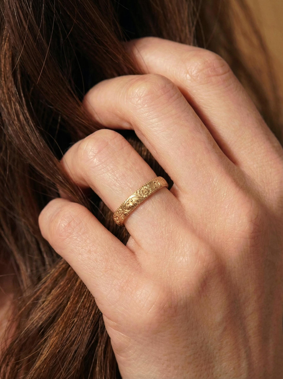 Carnation & Snowdrop Floral Wedding Band, Unique Flower 10K/14K/18K Plain Gold Antique Ring, January Birth Flower Band