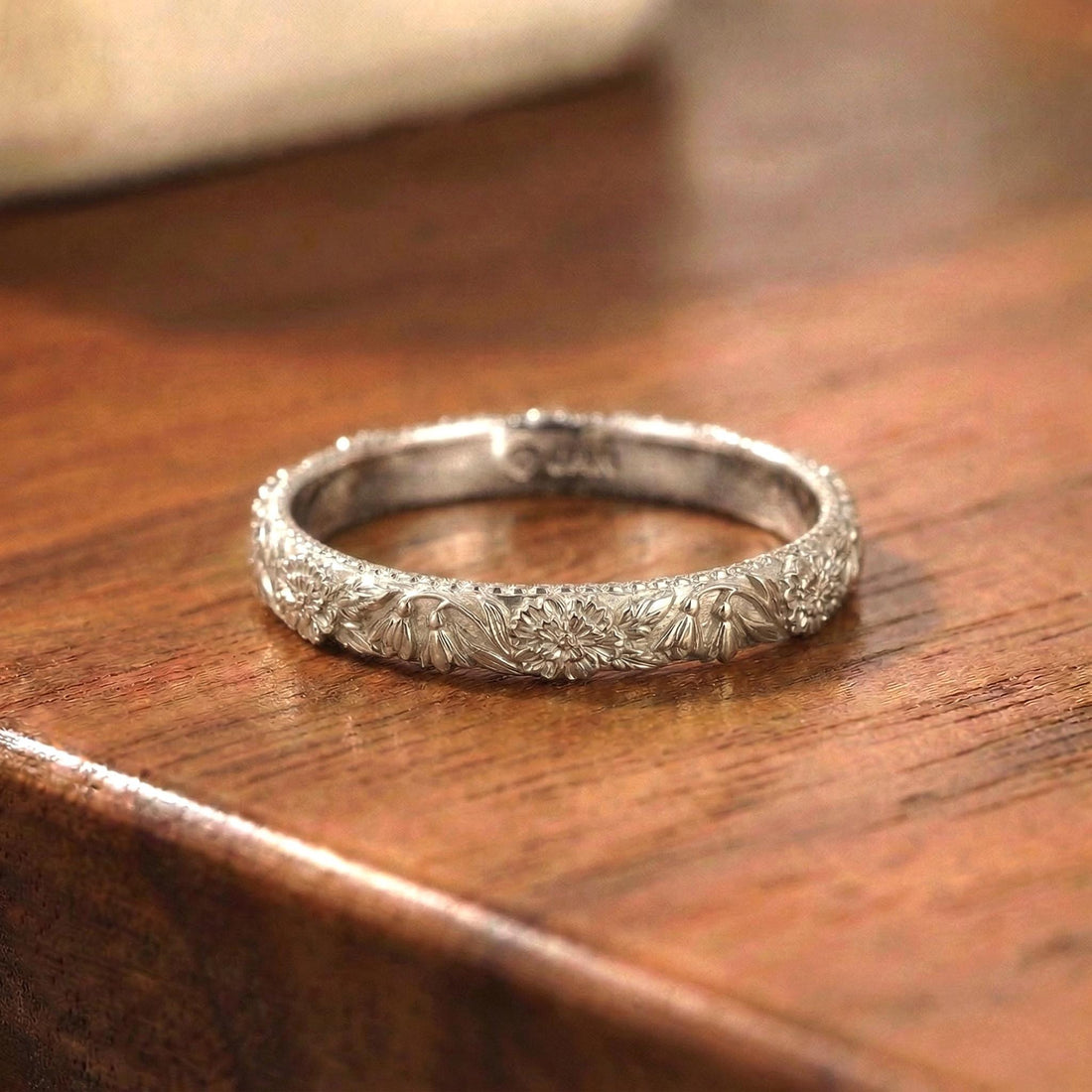 Carnation & Snowdrop Floral Wedding Band, Unique Flower 10K/14K/18K Plain Gold Antique Ring, January Birth Flower Band