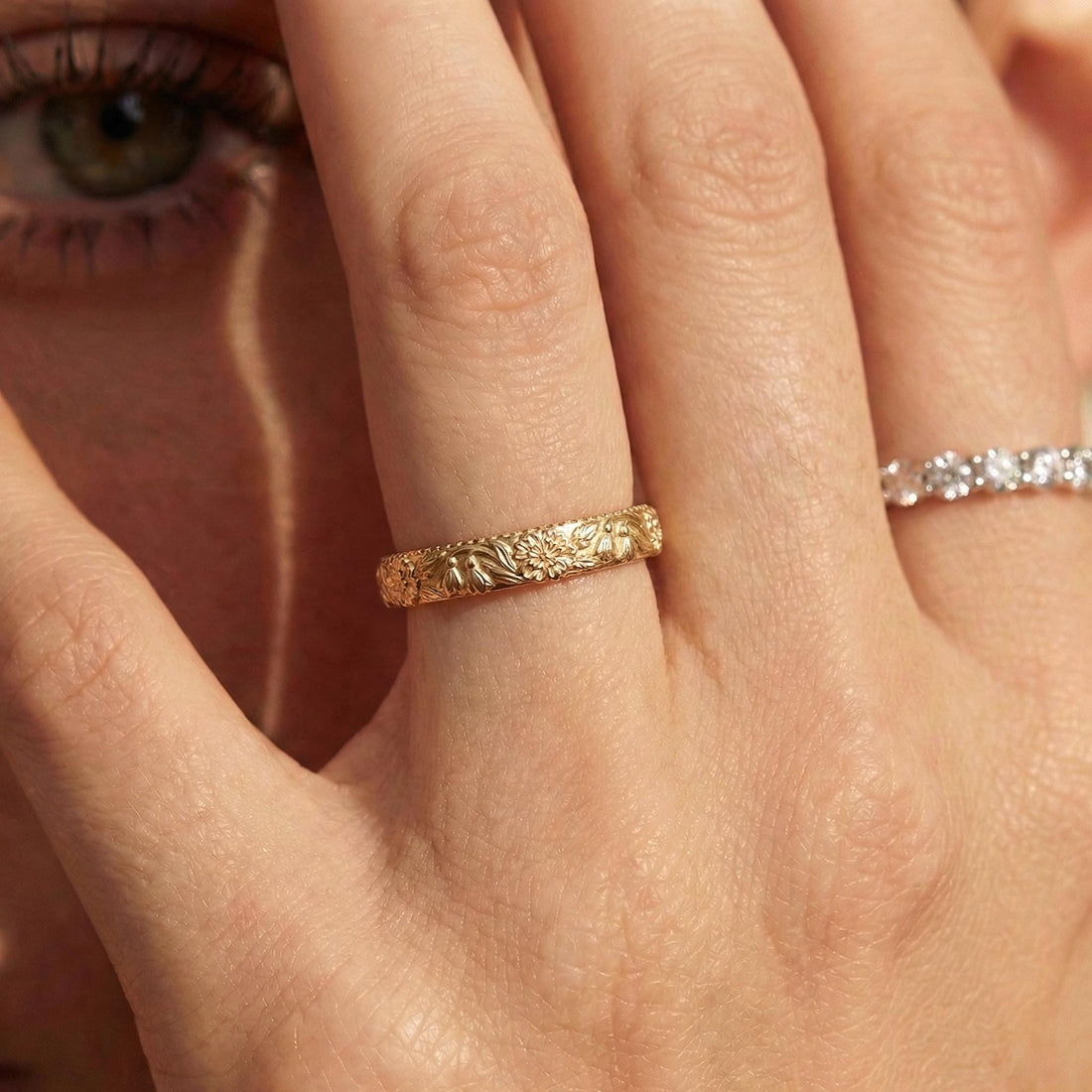 Carnation & Snowdrop Floral Wedding Band, Unique Flower 10K/14K/18K Plain Gold Antique Ring, January Birth Flower Band