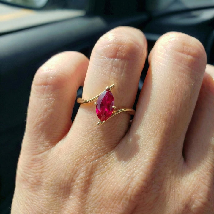 1.5ct Ruby Ring, Marquise Cut Emerald Solitaire, Curved Bypass Band, July Birthstone, 14K Gold Nature Inspired Ring