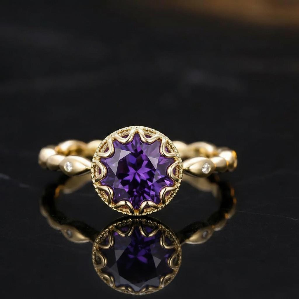 1ct - 2ct Amethyst Ring, Vintage Round Cut Amethyst Ring, Antique Wedding Women's Ring, Art Deco Engagement Ring, February Birthstone