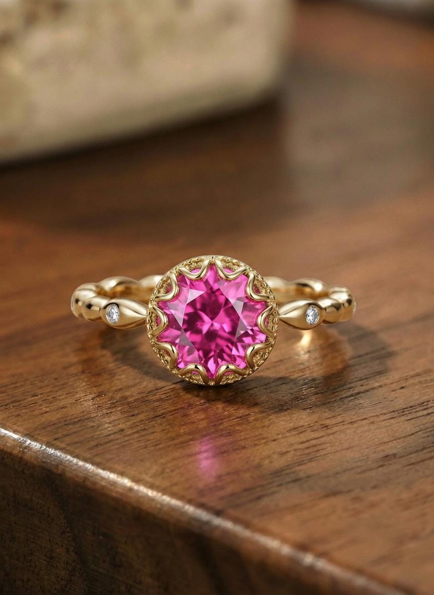 Pink Tourmaline Ring, Vintage Round Cut Pink Tourmaline Ring, Antique Wedding Women's Ring, Art Deco Engagement Ring, October Birthstone