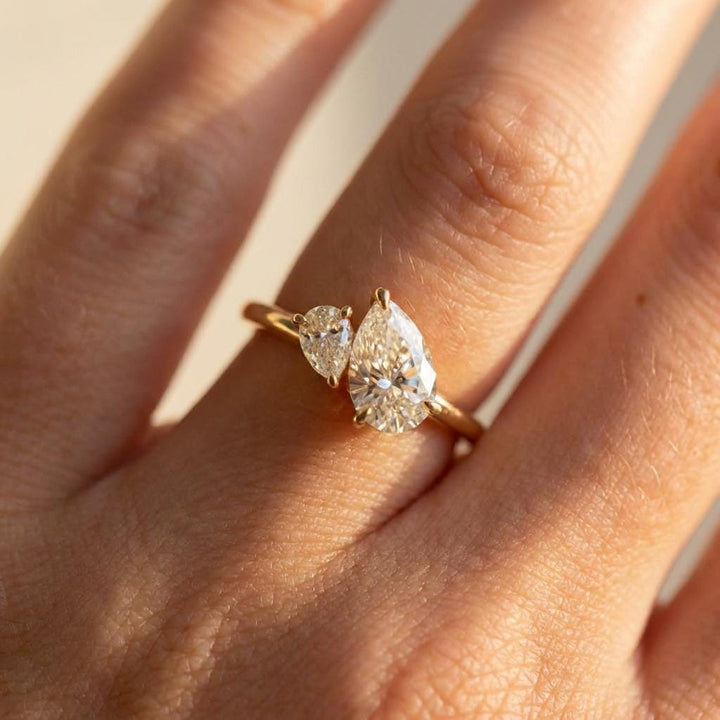 Moissanite Toi Et Moi Pear Cut Engagement Ring, Two Stone Promise Ring, Two-Stone Birthstone Statement Ring Gift, Mom Daughter Ring