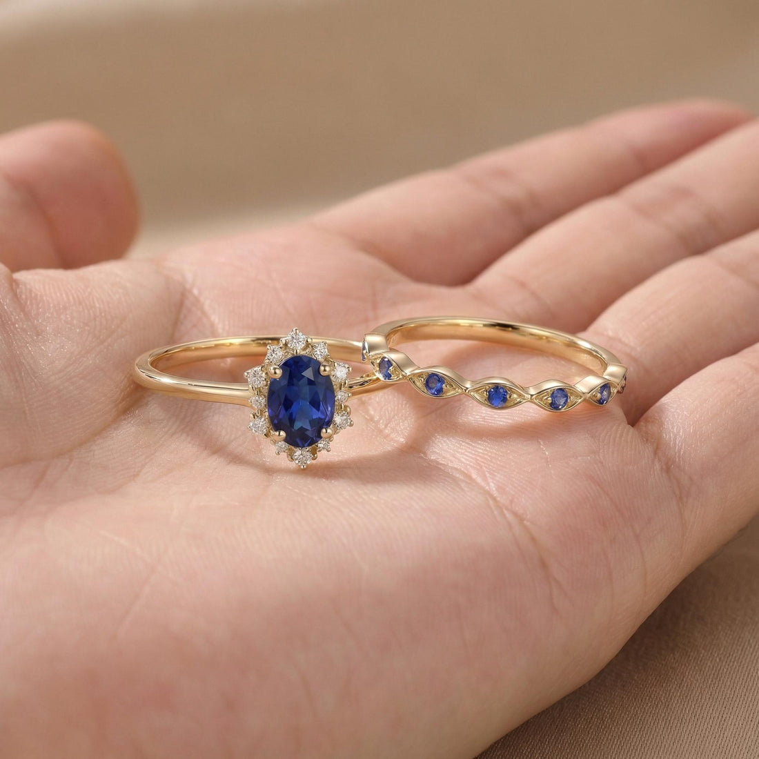 0.60ct Sapphire Engagement Ring Set, 18K Solid Gold Vintage Halo Wedding Ring for Women, Oval Bridal Set, September Birthstone