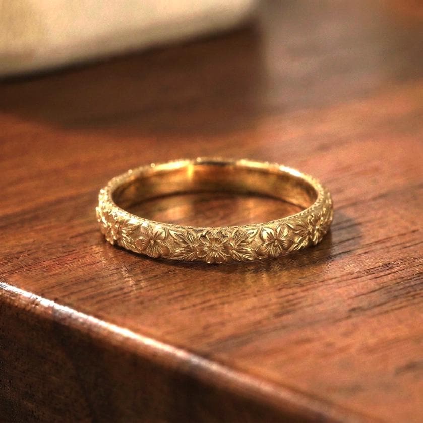 Violet Primrose Floral Wedding Band, Unique Flower 10K/14K/18K Plain Gold Antique Ring, February Birth Flower Band