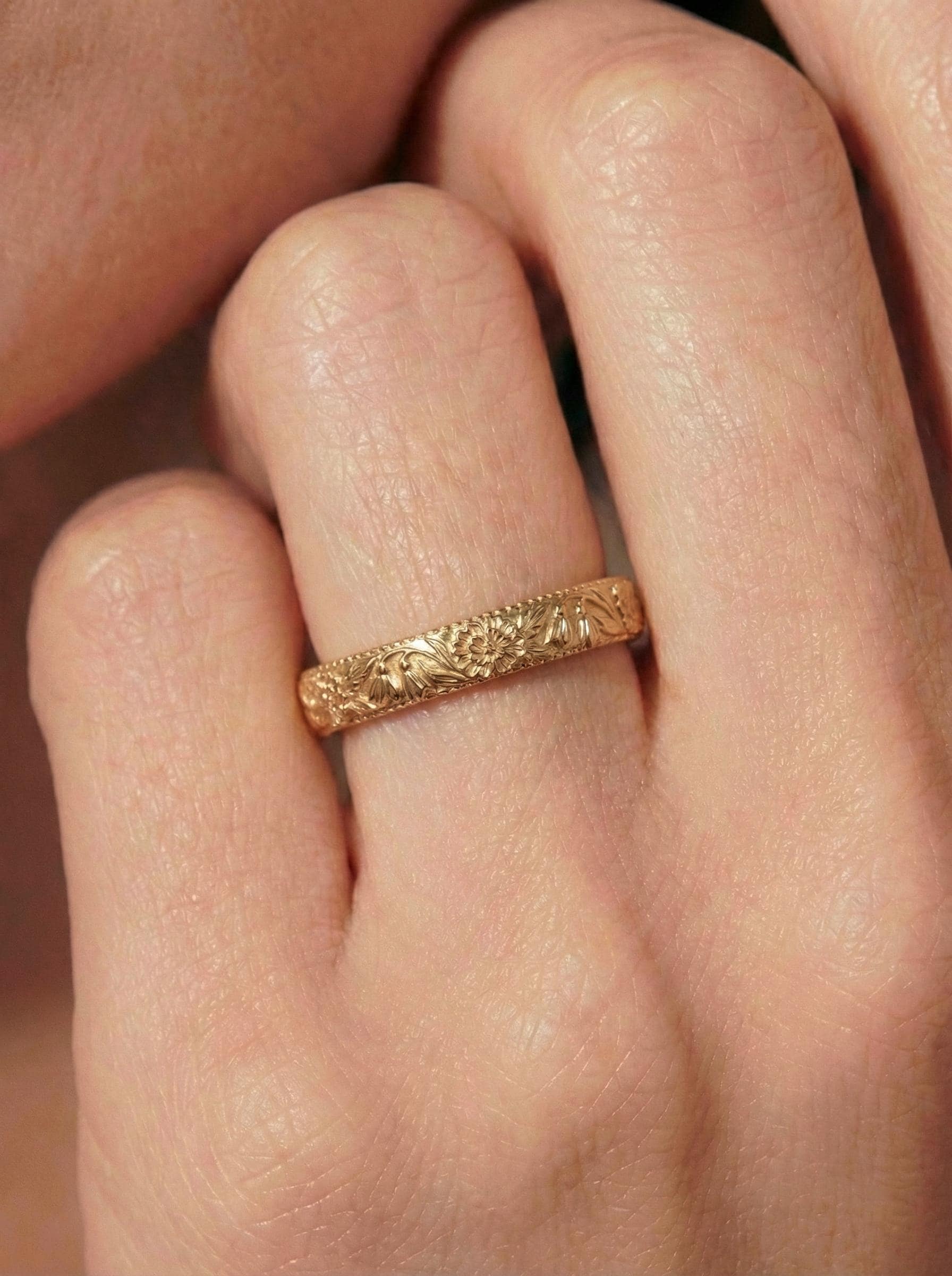Carnation & Snowdrop Floral Wedding Band, Unique Flower 10K/14K/18K Plain Gold Antique Ring, January Birth Flower Band