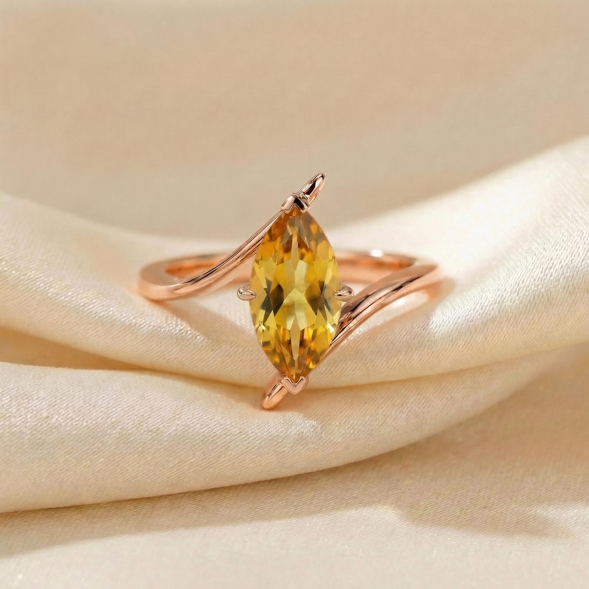 1.5ct Citrine Ring, Marquise Cut Emerald Solitaire, Curved Bypass Band, November Birthstone, 14K Gold Nature Inspired Ring