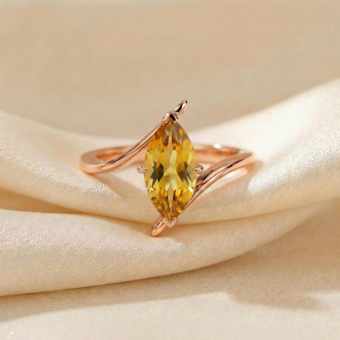 1.5ct Citrine Ring, Marquise Cut Emerald Solitaire, Curved Bypass Band, November Birthstone, 14K Gold Nature Inspired Ring