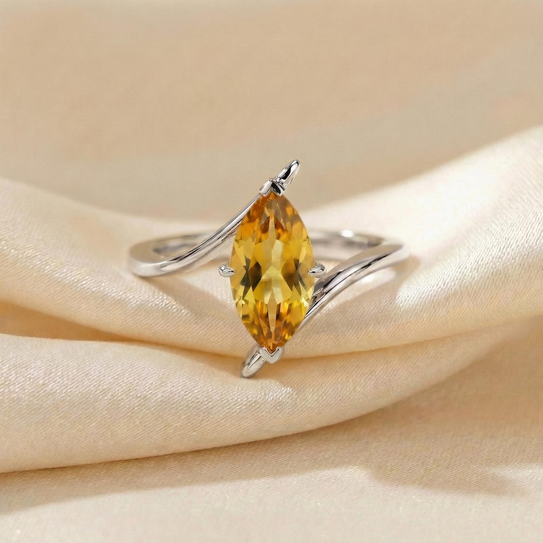 1.5ct Citrine Ring, Marquise Cut Emerald Solitaire, Curved Bypass Band, November Birthstone, 14K Gold Nature Inspired Ring