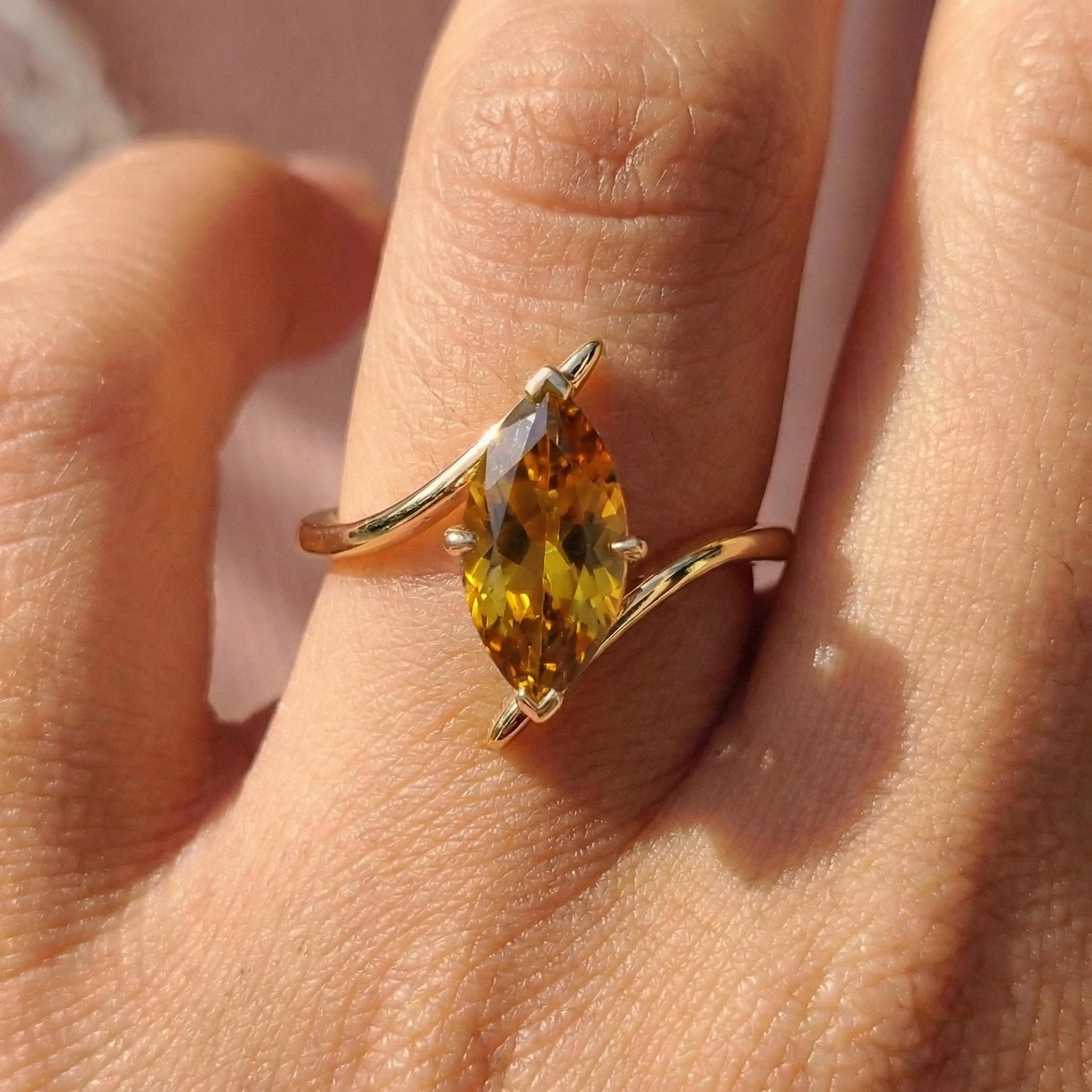 1.5ct Citrine Ring, Marquise Cut Emerald Solitaire, Curved Bypass Band, November Birthstone, 14K Gold Nature Inspired Ring