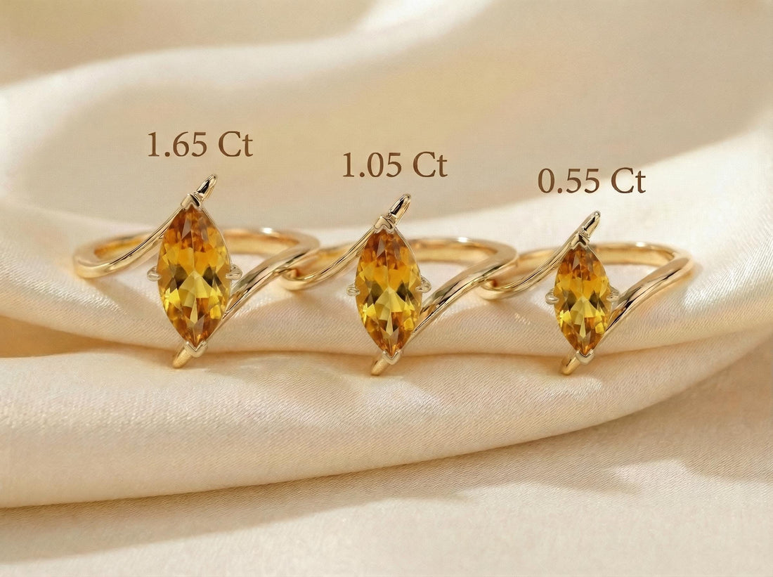 1.5ct Citrine Ring, Marquise Cut Emerald Solitaire, Curved Bypass Band, November Birthstone, 14K Gold Nature Inspired Ring