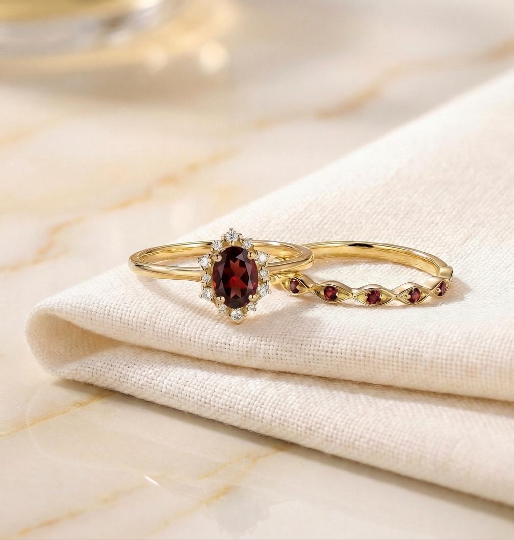 0.60ct Garnet Engagement Ring Set, 18K Solid Gold Vintage Halo Wedding Ring for Women, Oval Bridal Set January Birthstone