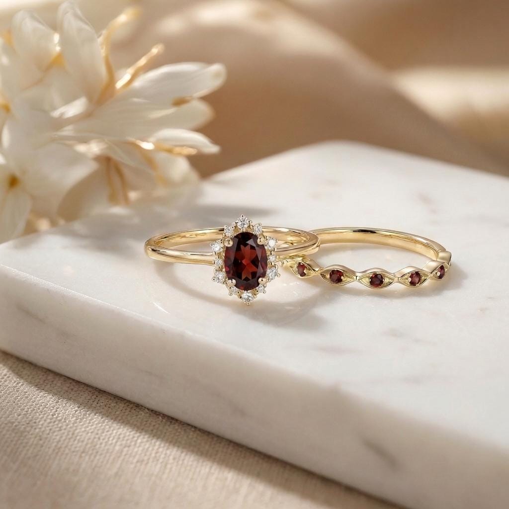 0.60ct Garnet Engagement Ring Set, 18K Solid Gold Vintage Halo Wedding Ring for Women, Oval Bridal Set January Birthstone