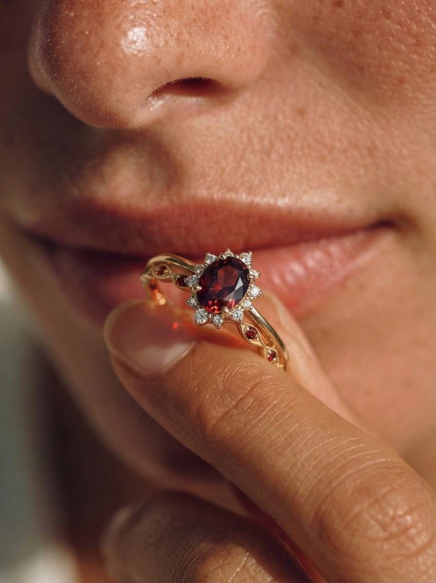 0.60ct Garnet Engagement Ring Set, 18K Solid Gold Vintage Halo Wedding Ring for Women, Oval Bridal Set January Birthstone