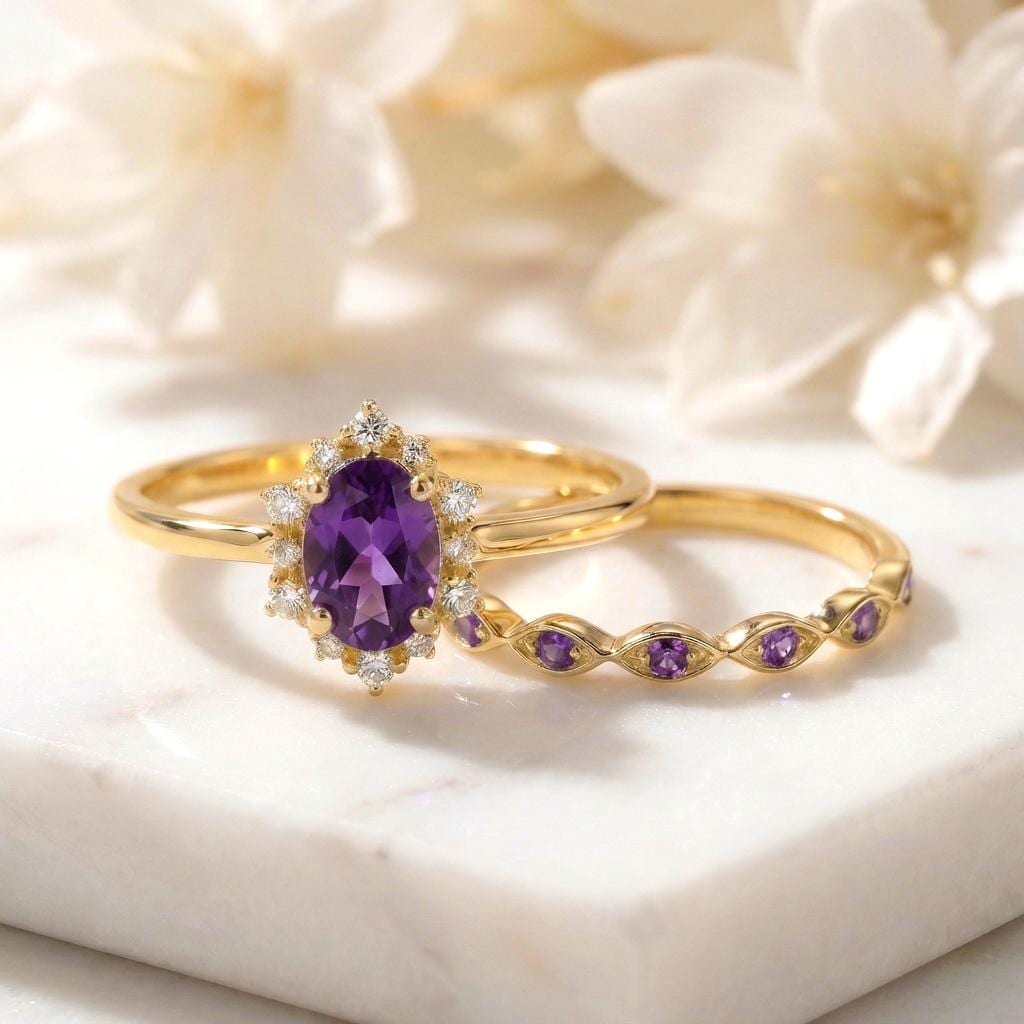 0.60ct Amethyst Engagement Ring Set, 18K Solid Gold Vintage Halo Wedding Ring for Women, Oval Bridal Set February Birthstone