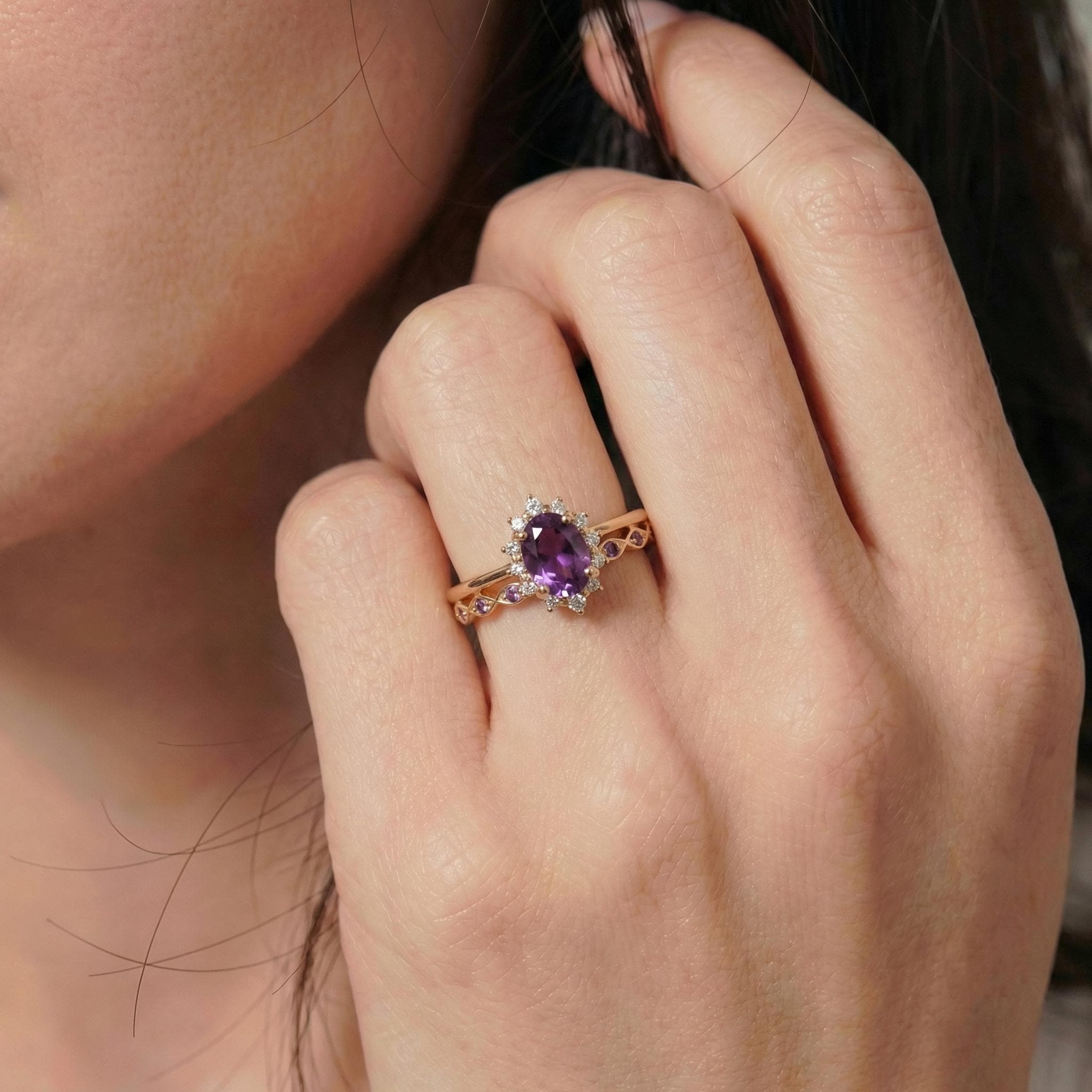 0.60ct Amethyst Engagement Ring Set, 18K Solid Gold Vintage Halo Wedding Ring for Women, Oval Bridal Set February Birthstone