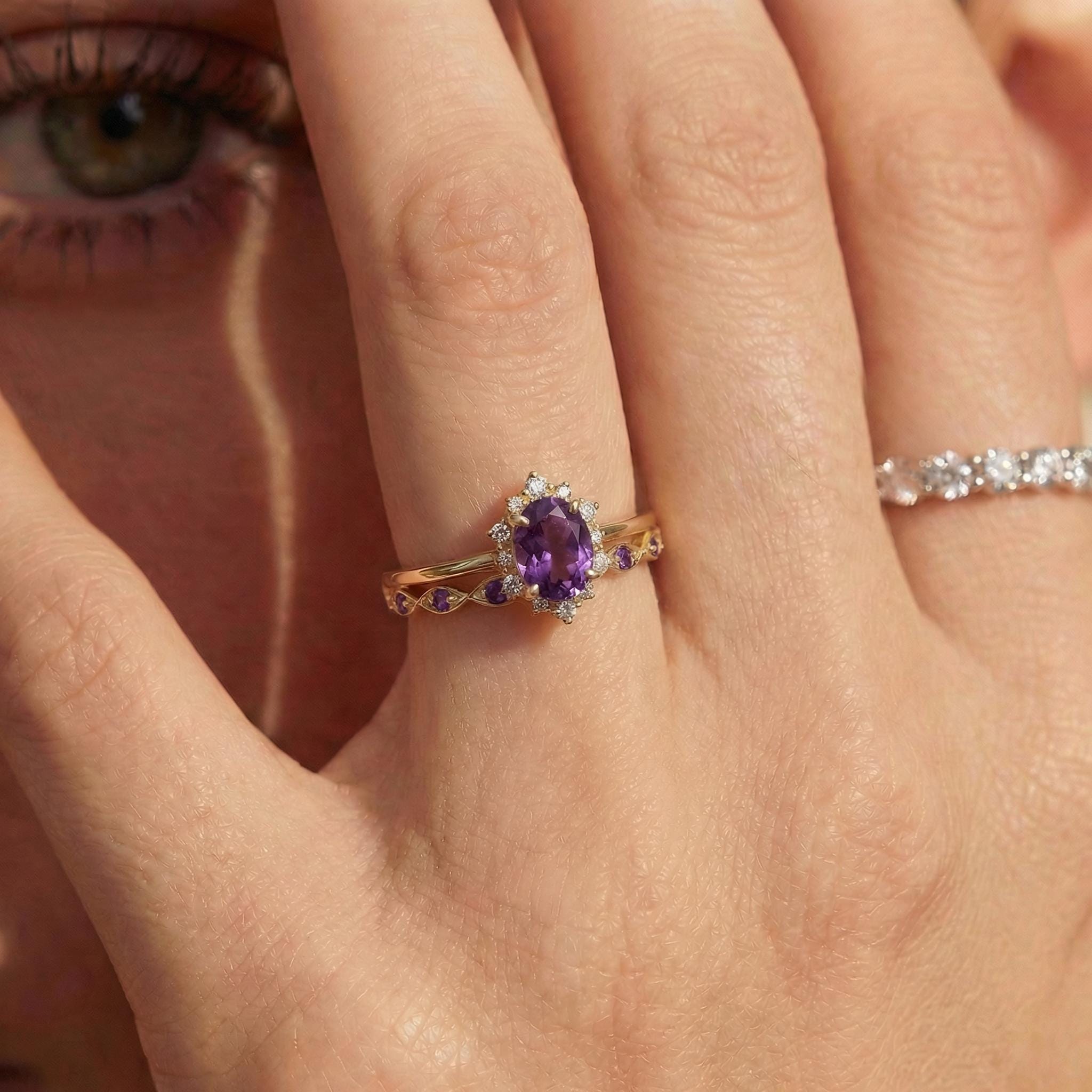 0.60ct Amethyst Engagement Ring Set, 18K Solid Gold Vintage Halo Wedding Ring for Women, Oval Bridal Set February Birthstone