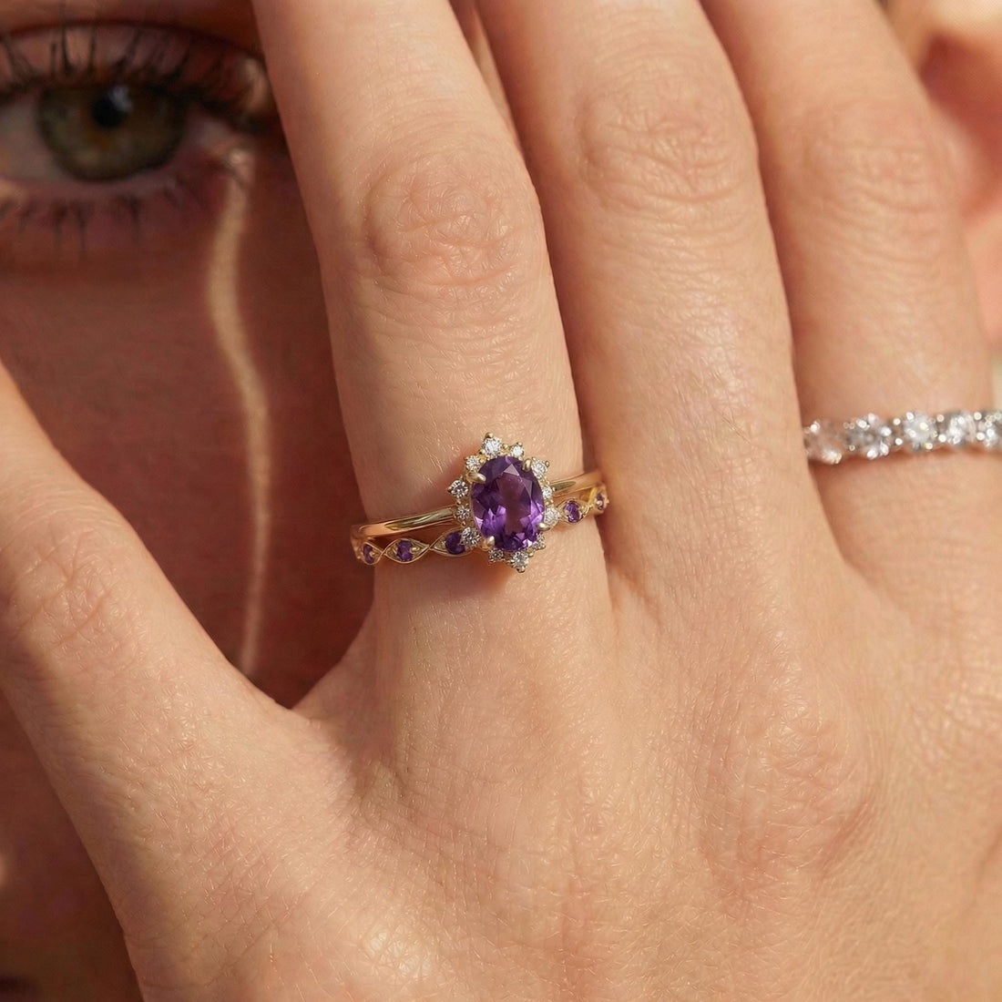 0.60ct Amethyst Engagement Ring Set, 18K Solid Gold Vintage Halo Wedding Ring for Women, Oval Bridal Set February Birthstone