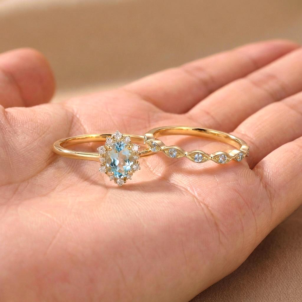0.60ct Aquamarine Engagement Ring Set, 18K Solid Gold Vintage Halo Wedding Ring for Women, Oval Bridal Set March Birthstone