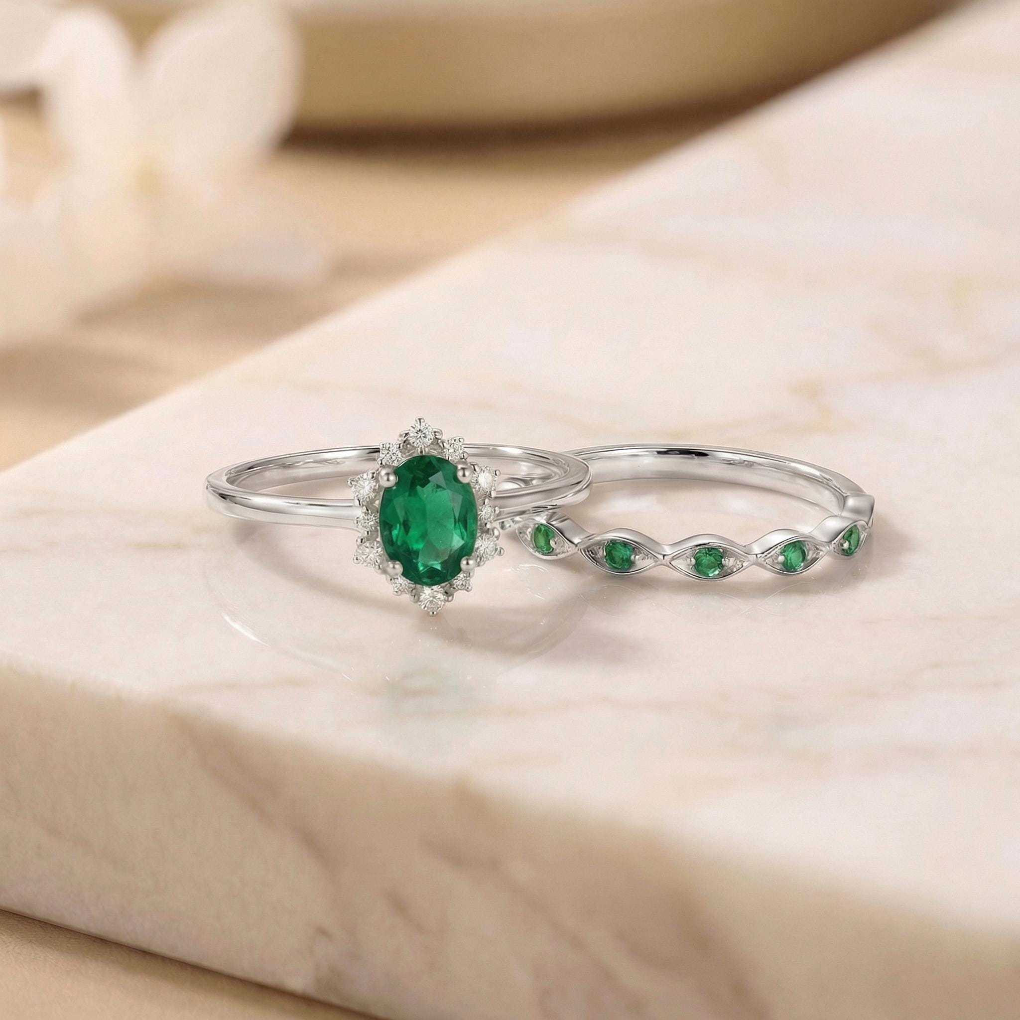 Oval Emerald Halo Engagement Ring Set, May Birthstone Bridal Set, Vintage Gold Wedding Ring, Anniversary Gift for Her
