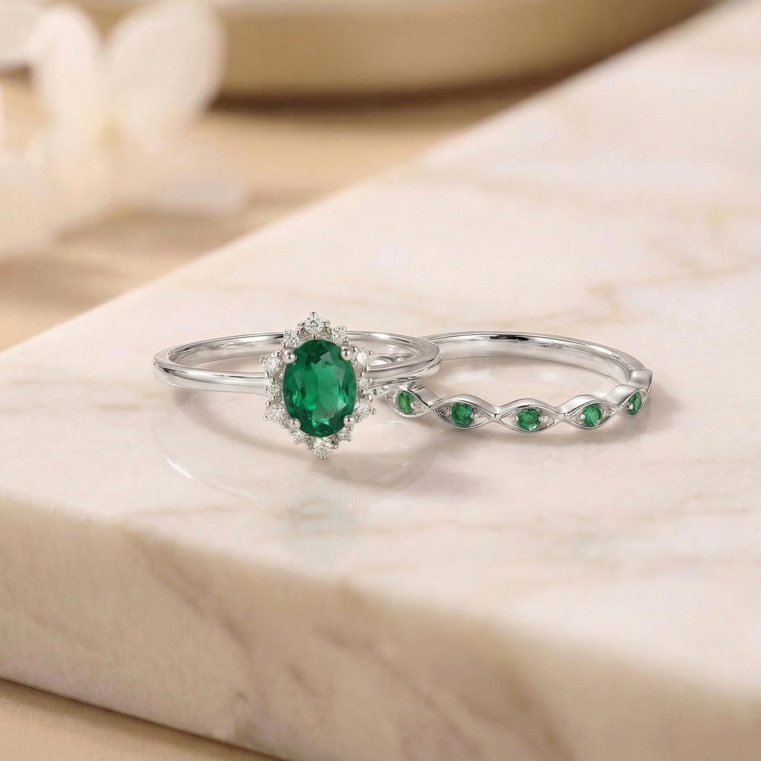 Oval Emerald Halo Engagement Ring Set, May Birthstone Bridal Set, Vintage Gold Wedding Ring, Anniversary Gift for Her