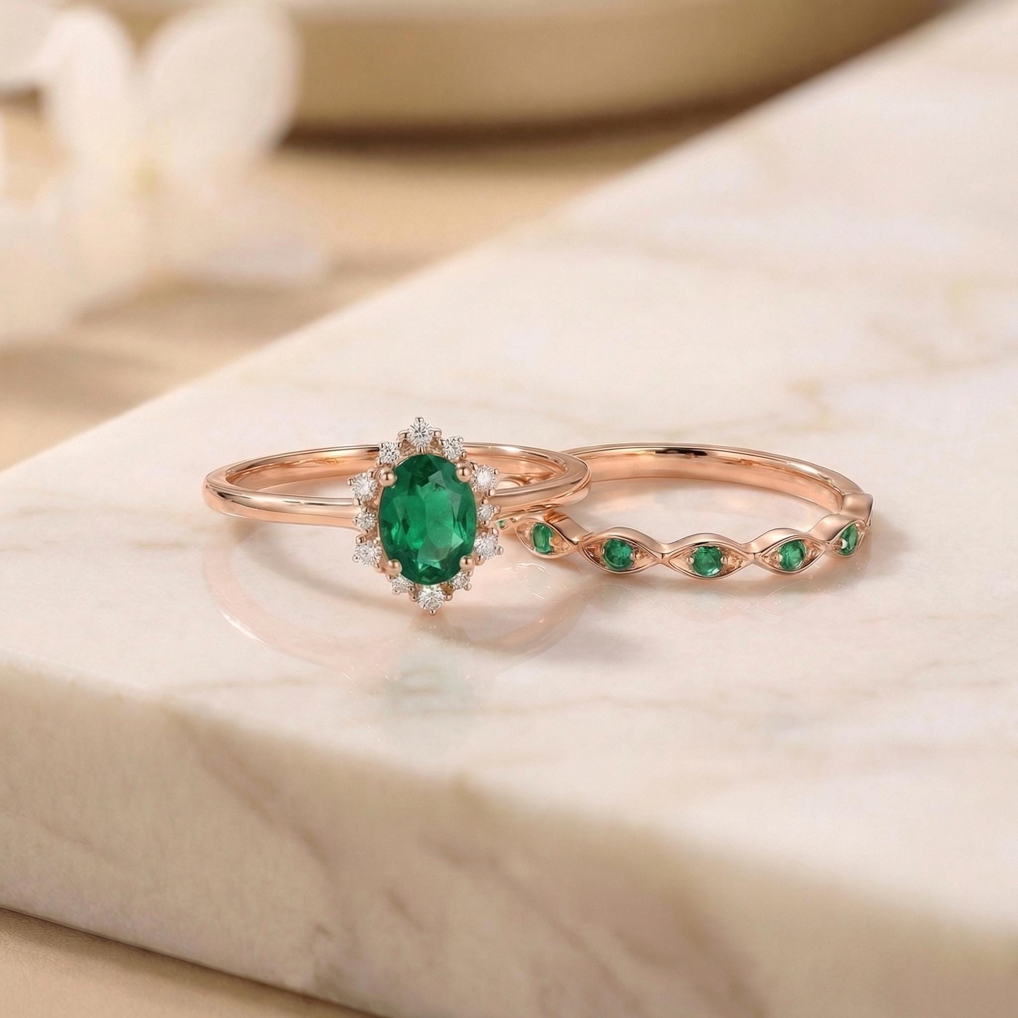 Oval Emerald Halo Engagement Ring Set, May Birthstone Bridal Set, Vintage Gold Wedding Ring, Anniversary Gift for Her