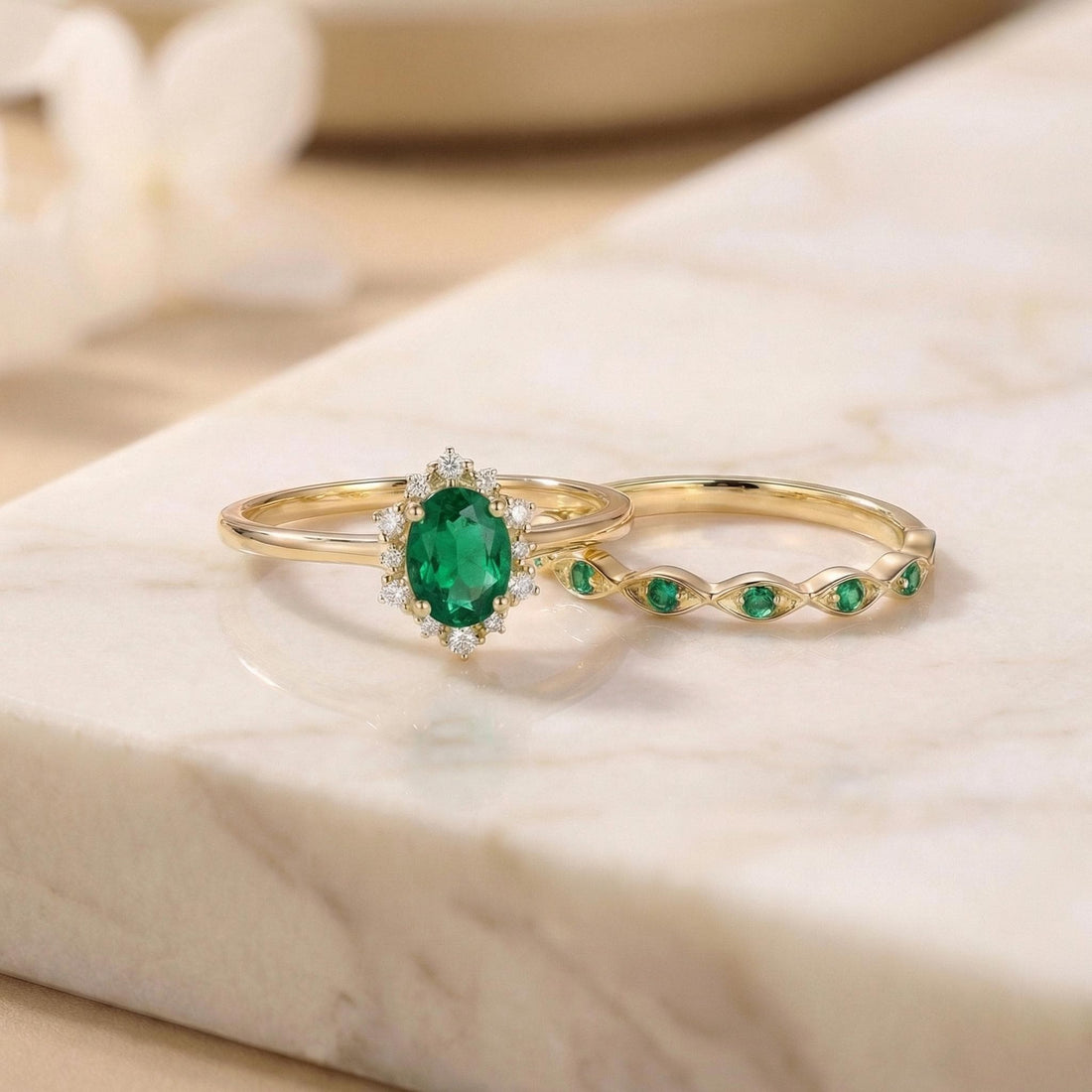 Oval Emerald Halo Engagement Ring Set, May Birthstone Bridal Set, Vintage Gold Wedding Ring, Anniversary Gift for Her