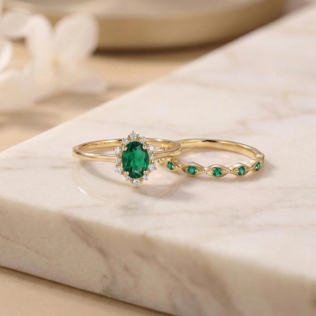 Oval Emerald Halo Engagement Ring Set, May Birthstone Bridal Set, Vintage Gold Wedding Ring, Anniversary Gift for Her