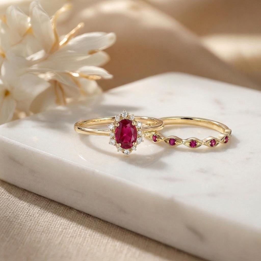 Ruby Halo Engagement Ring Set, Oval July Birthstone Bridal Set, Vintage Gold Wedding Ring, Bridesmaid Gift