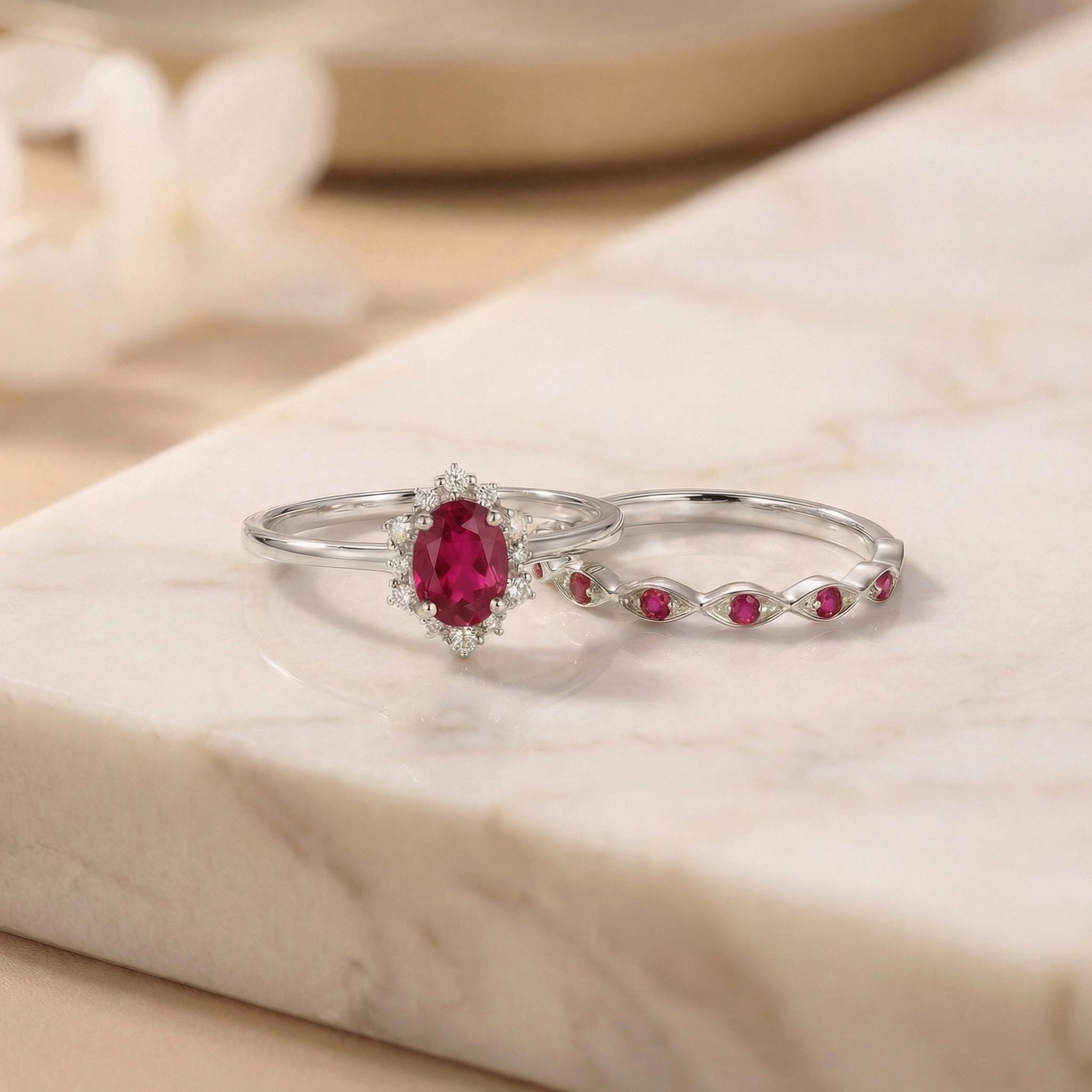 Ruby Halo Engagement Ring Set, Oval July Birthstone Bridal Set, Vintage Gold Wedding Ring, Bridesmaid Gift