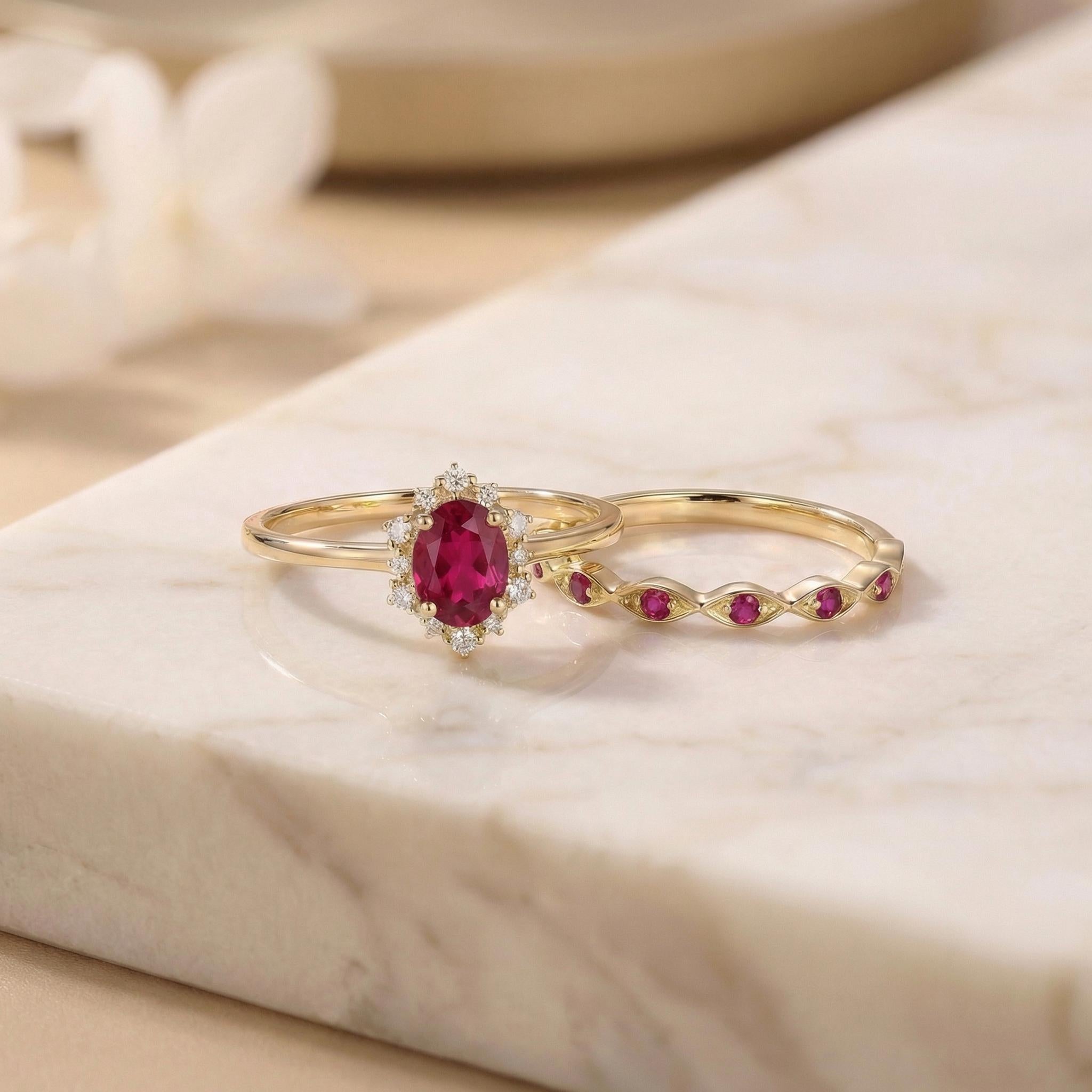 Ruby Halo Engagement Ring Set, Oval July Birthstone Bridal Set, Vintage Gold Wedding Ring, Bridesmaid Gift