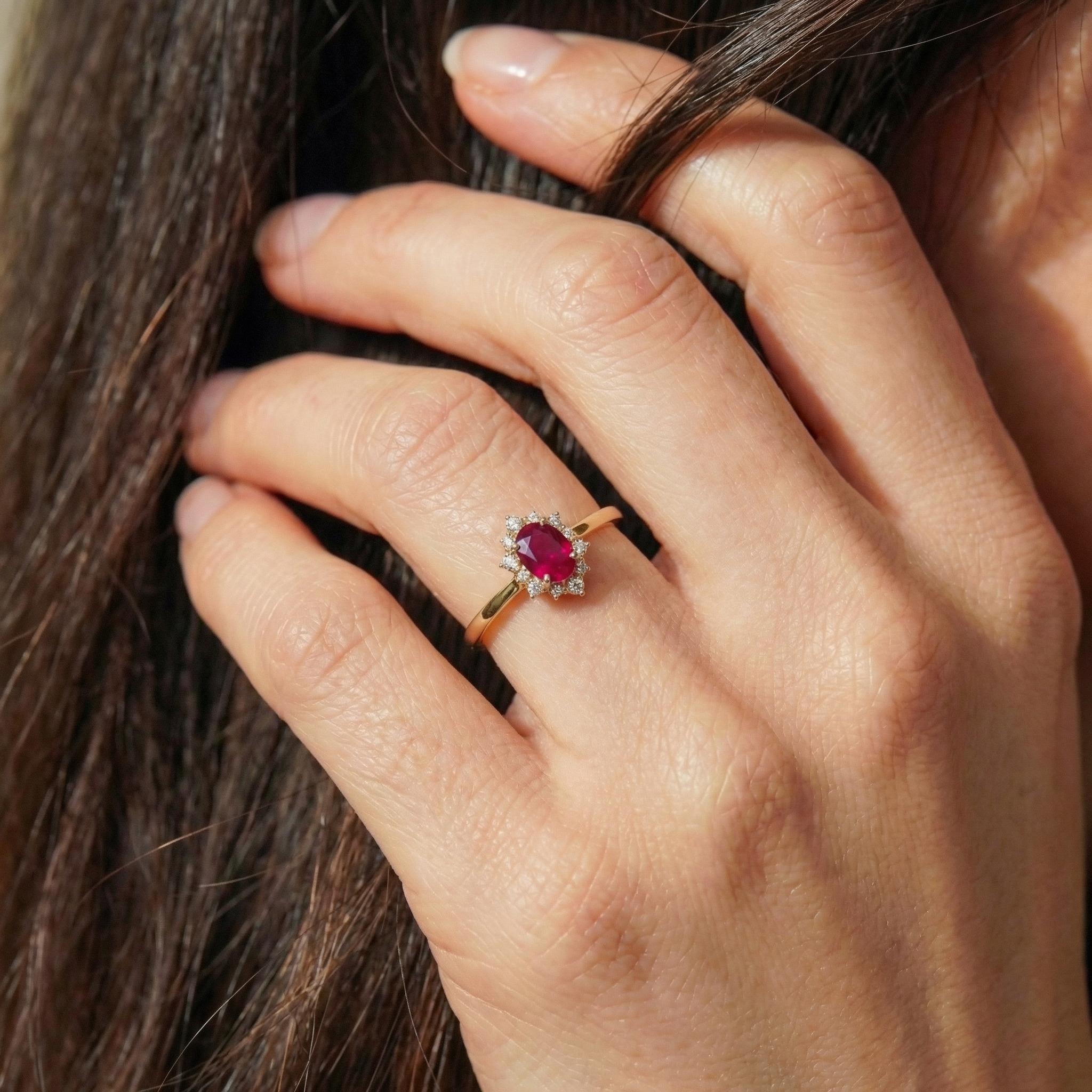 Ruby Halo Engagement Ring Set, Oval July Birthstone Bridal Set, Vintage Gold Wedding Ring, Bridesmaid Gift