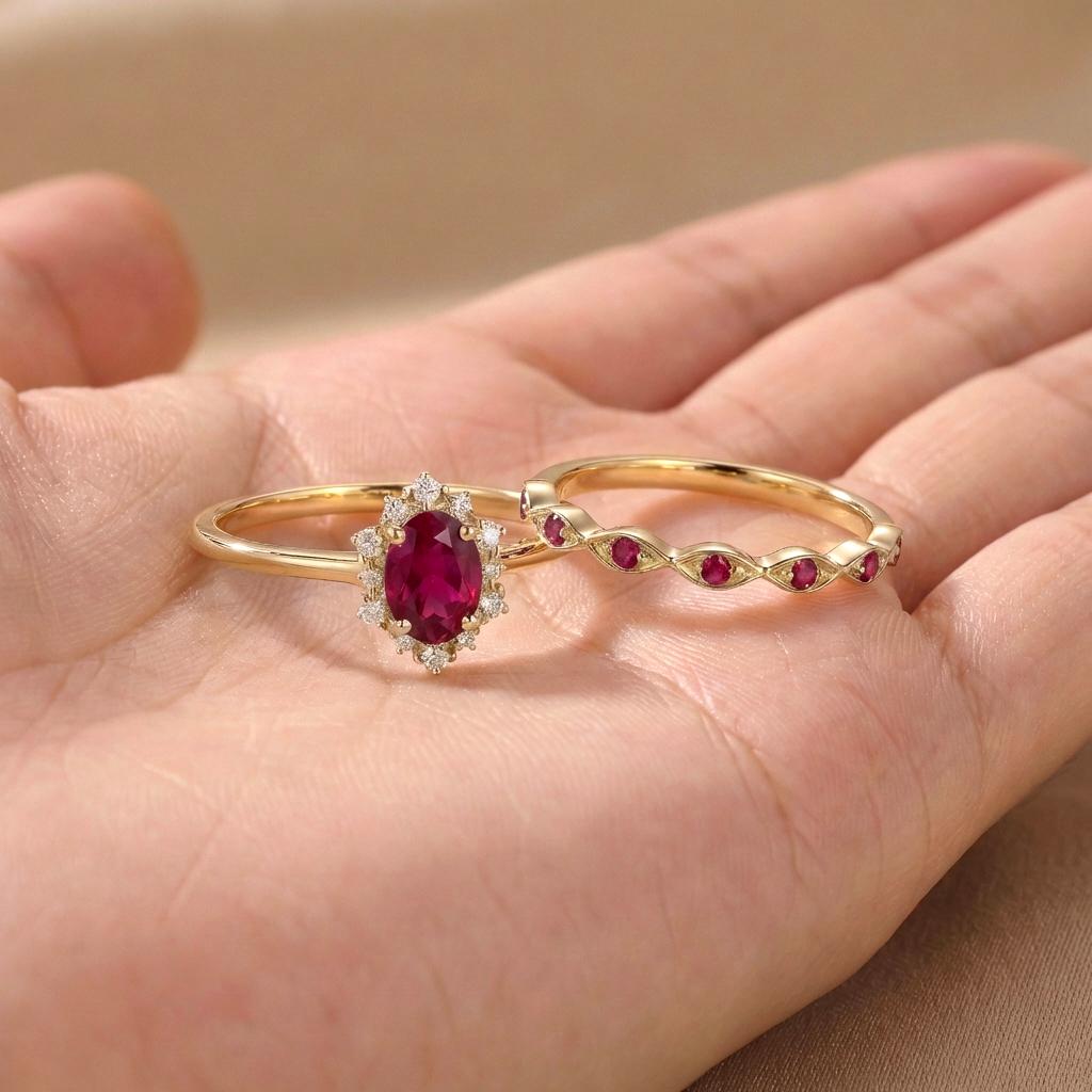 Ruby Halo Engagement Ring Set, Oval July Birthstone Bridal Set, Vintage Gold Wedding Ring, Bridesmaid Gift
