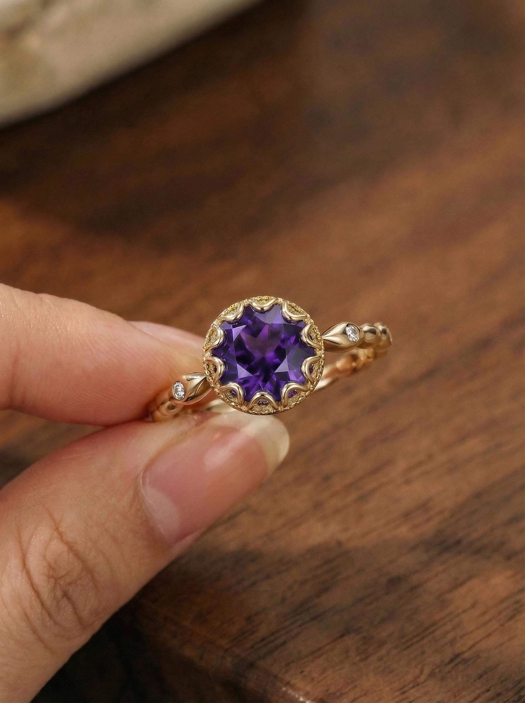 1ct - 2ct Amethyst Ring, Vintage Round Cut Amethyst Ring, Antique Wedding Women's Ring, Art Deco Engagement Ring, February Birthstone