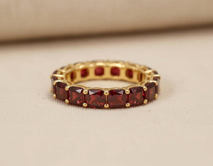 Cushion Cut Garnet Wedding Band, Full Eternity Stacking Ring for Women, 18K Gold Matching Ring, January Birthstone Gift