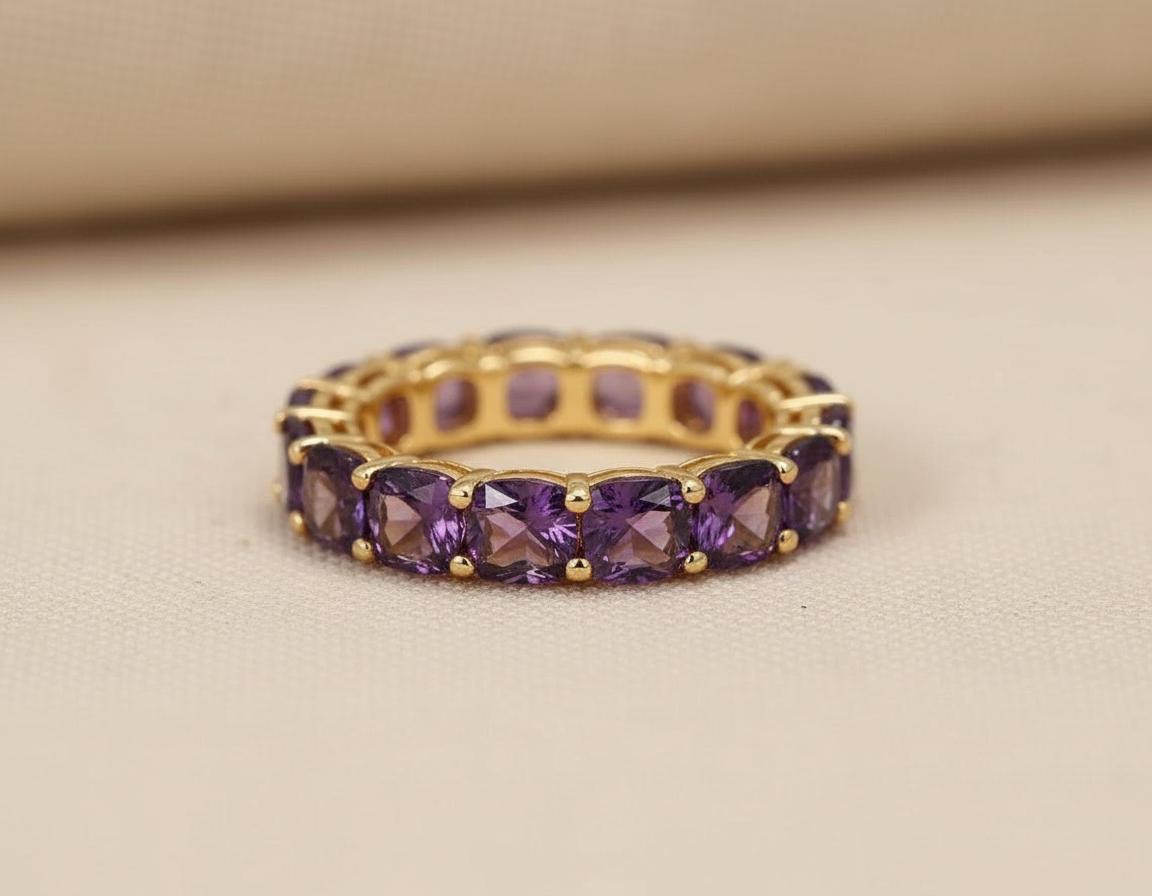 Cushion Cut Amethyst Wedding Band, Full Eternity Stacking Ring for Women, 18K Gold Matching Ring, February Birthstone Gift