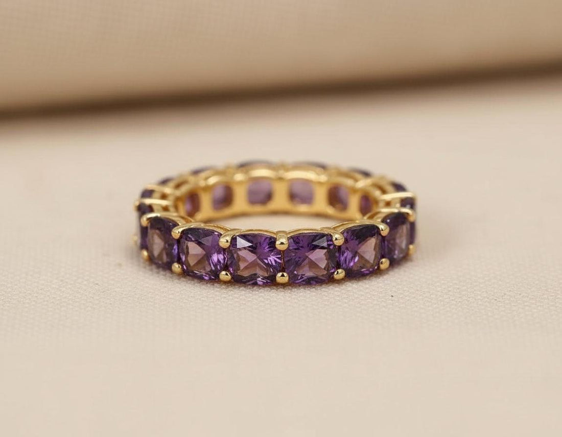 Cushion Cut Amethyst Wedding Band, Full Eternity Stacking Ring for Women, 18K Gold Matching Ring, February Birthstone Gift