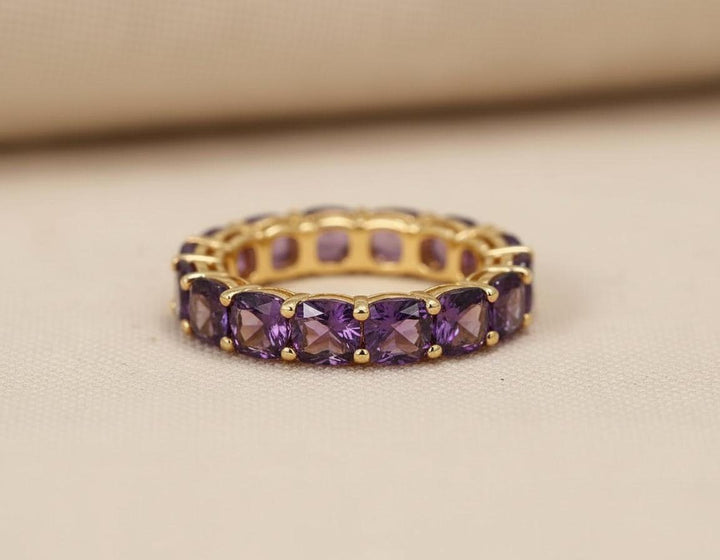 Cushion Cut Amethyst Wedding Band, Full Eternity Stacking Ring for Women, 18K Gold Matching Ring, February Birthstone Gift