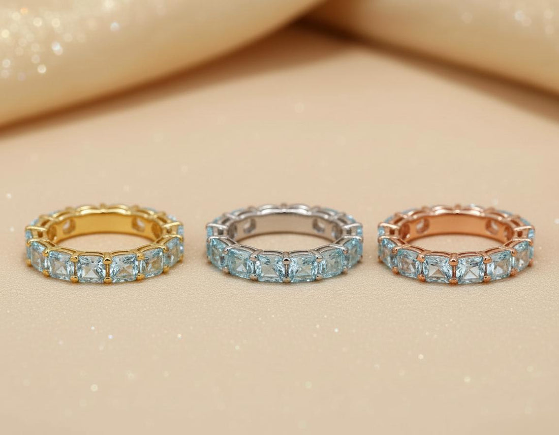 Cushion Cut Aquamarine Wedding Band, Full Eternity Stacking Ring for Women, 18K Gold Matching Ring, March Birthstone Gift