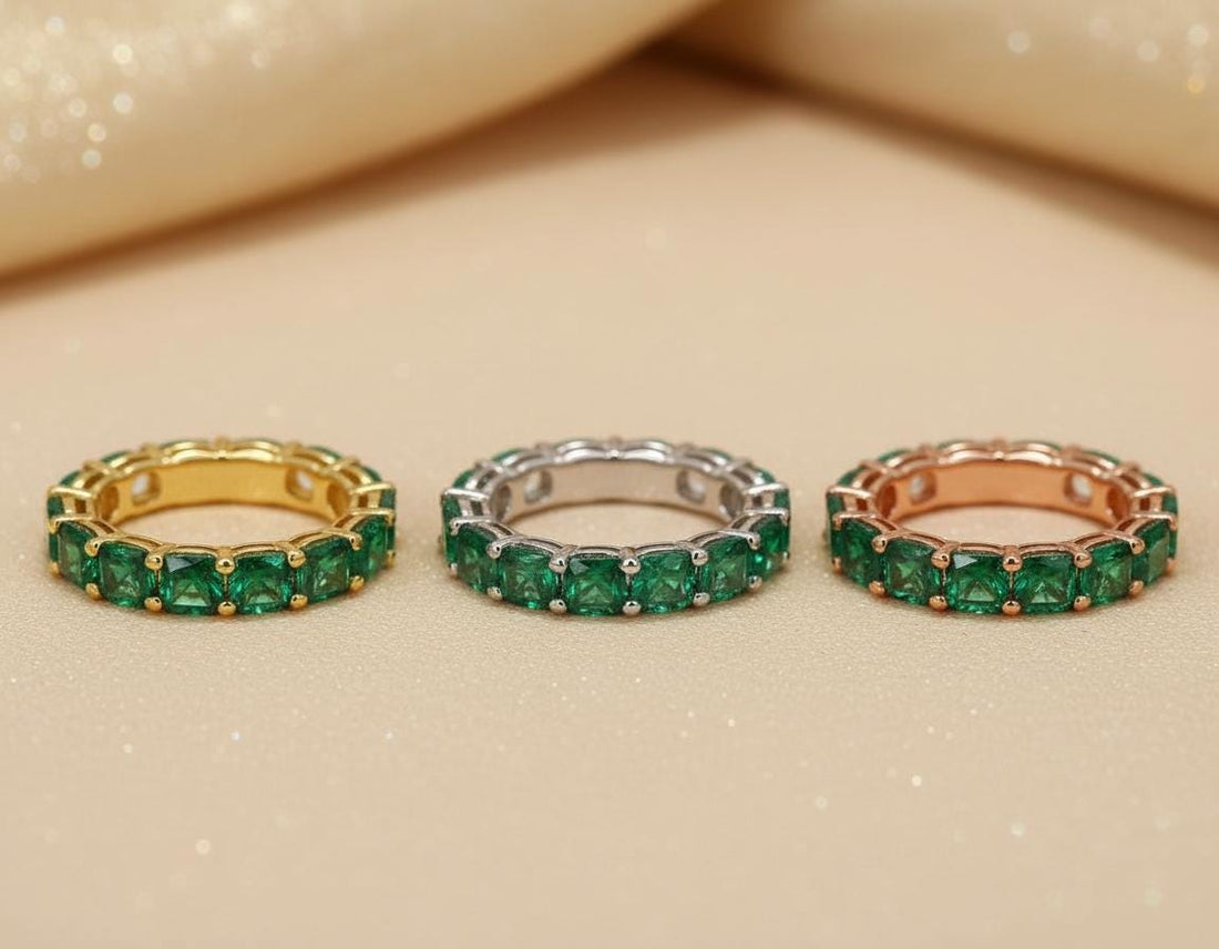 Cushion Cut Emerald Wedding Band, Full Eternity Stacking Ring for Women, 18K Gold Matching Ring, May Birthstone Gift
